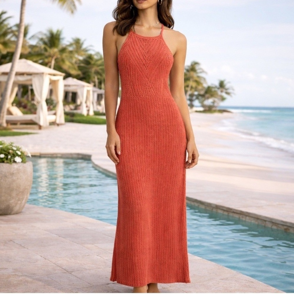 Old Navy Crochet Maxi Dress Terracotta Pointelle Boho Coastal‎ Resortwear L NEW